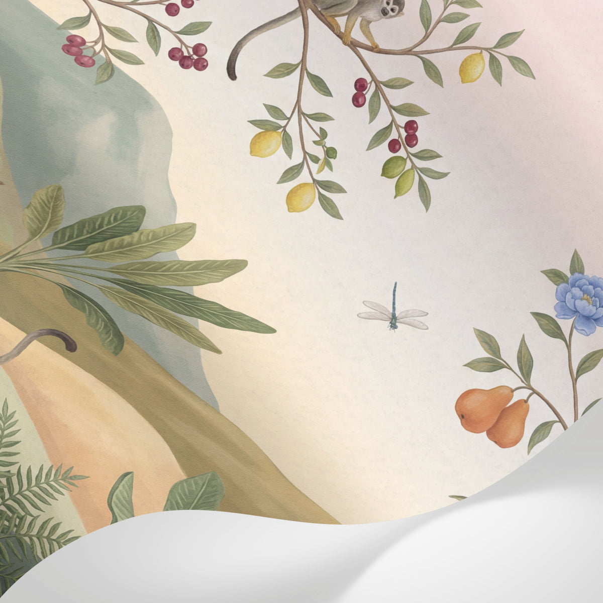 Papier peint panoramique tropical - Singes oiseaux fruits branches fleuries montagnes brumeuses fond rose poudré sur mesure - Matière