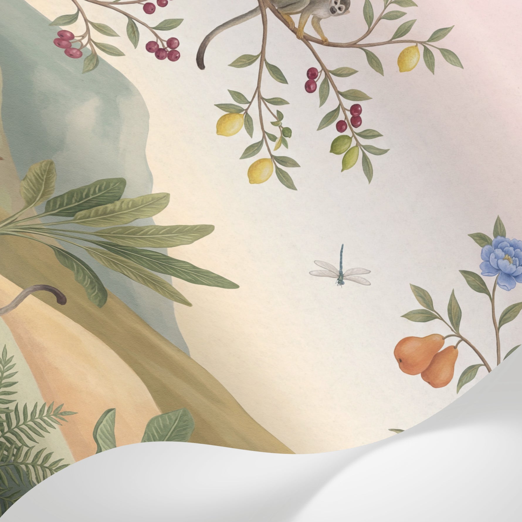 Papier peint panoramique tropical - Singes oiseaux fruits branches fleuries montagnes brumeuses fond rose poudré sur mesure - Matière