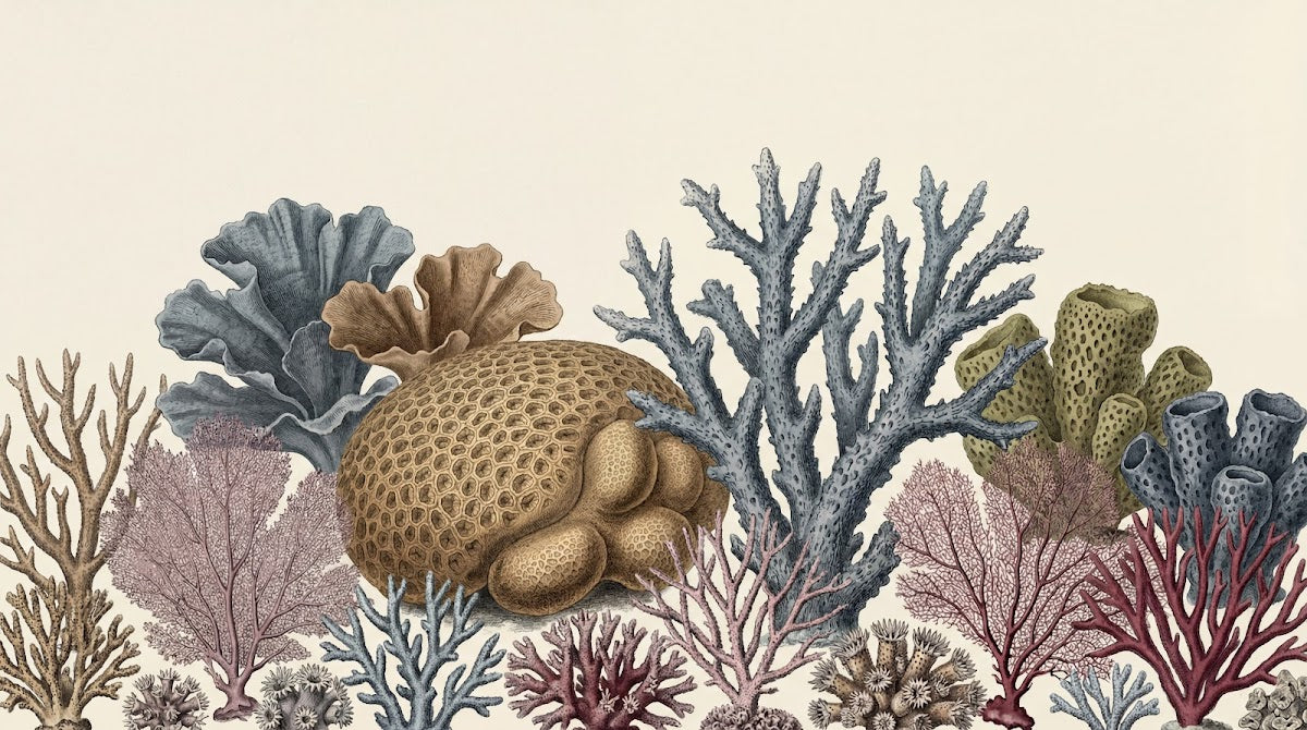 Papier peint panoramique vintage - Coraux éponges marins gravure scientifique fond beige sépia sur mesure - Design
