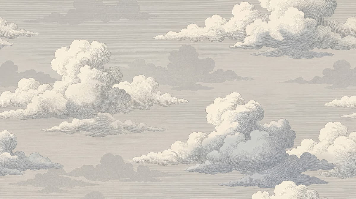Papier peint panoramique vintage - Nuages romantiques gravure ancienne tons beige crème et gris perle sur mesure - Design