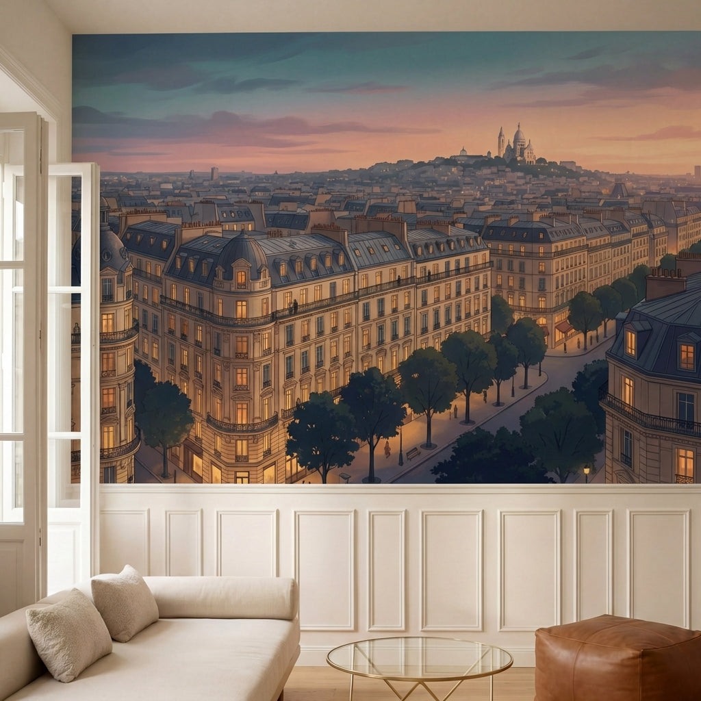 papier peint panoramique vue parisienne toits haussmanniens sacrecur tons beige -5