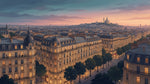 Papier peint panoramique - Vue parisienne toits haussmanniens Sacré-Cœur tons beige rosé et gris sur mesure - Design