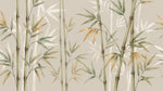 Papier peint panoramique zen - Bambous feuillage lancéolé tiges segmentées fond beige crème et vert sauge sur mesure - Design