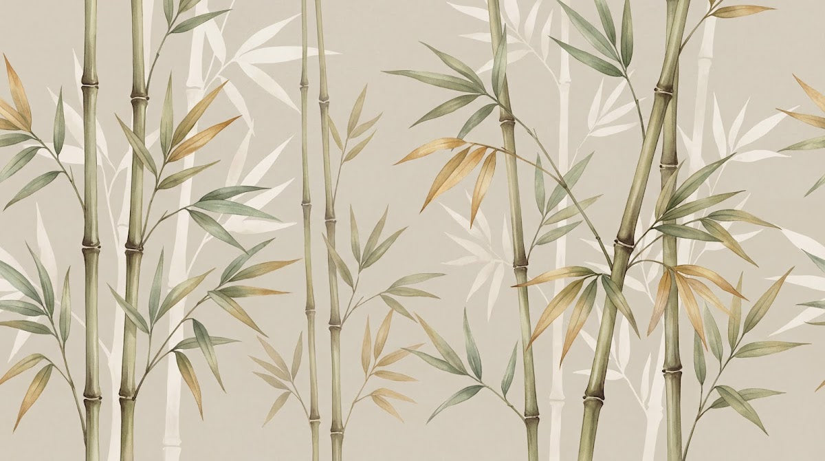 Papier peint panoramique zen - Bambous feuillage lancéolé tiges segmentées fond beige crème et vert sauge sur mesure - Design