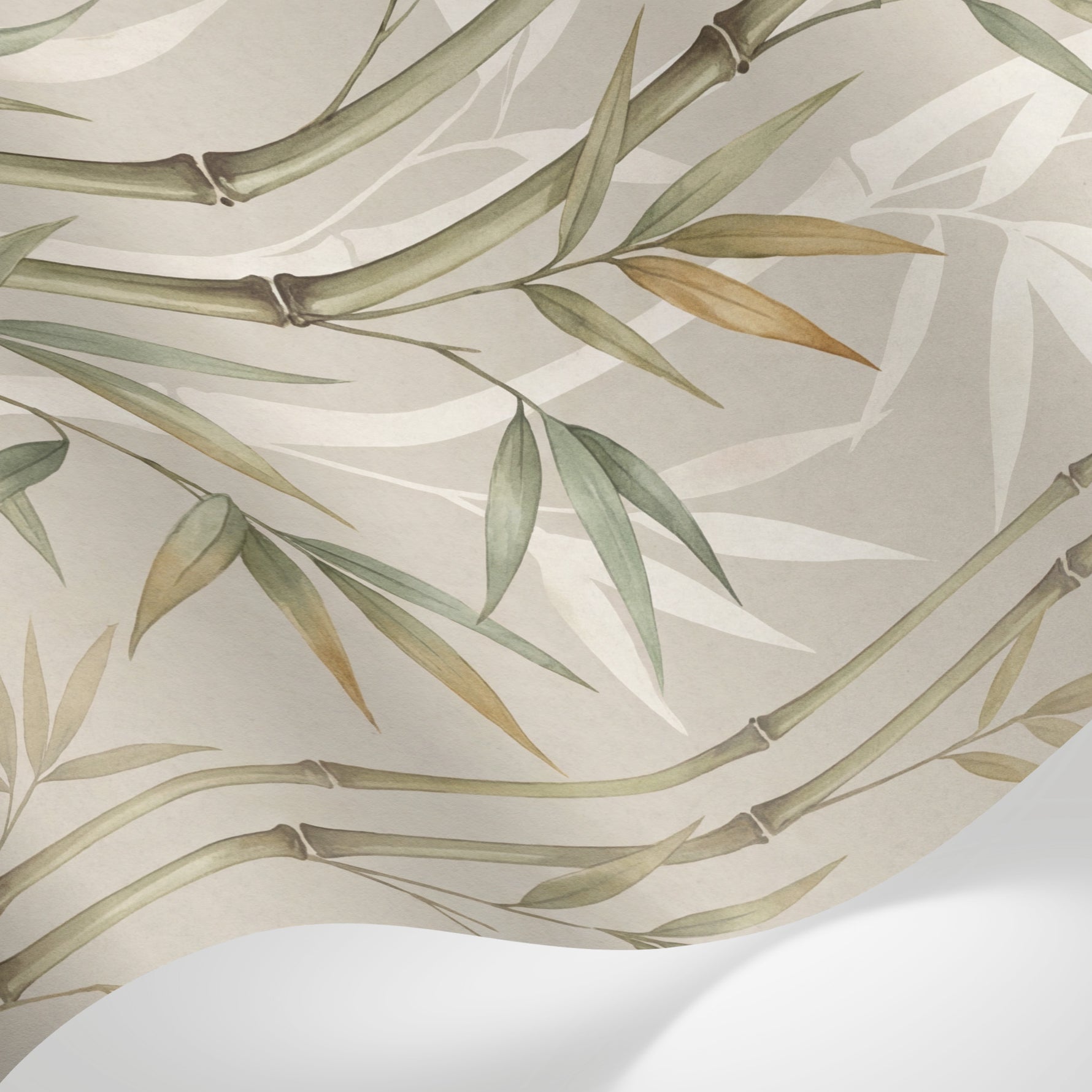 Papier peint panoramique zen - Bambous feuillage lancéolé tiges segmentées fond beige crème et vert sauge sur mesure - Matière