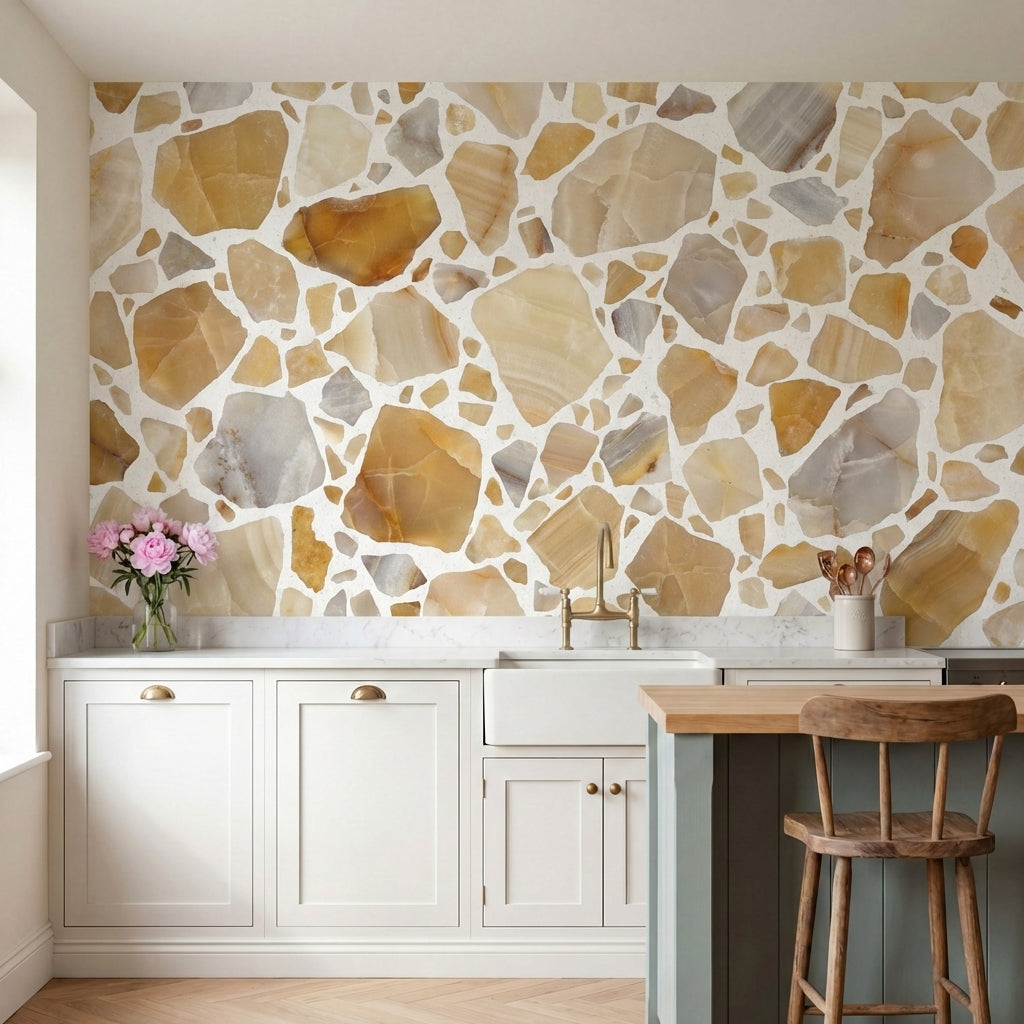 papier peint pierre naturelle fragments mosaique terrazzo marbre veine tons beig-1