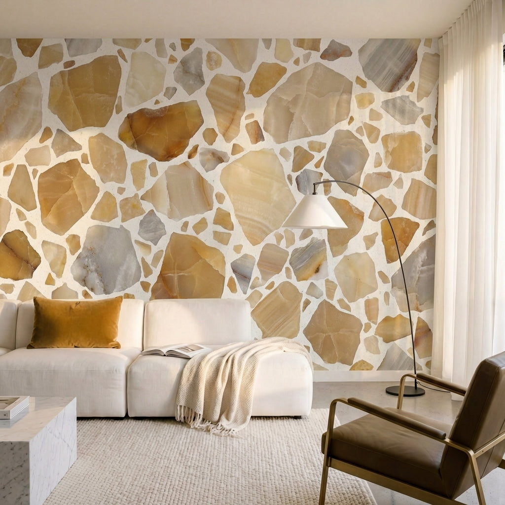 papier peint pierre naturelle fragments mosaique terrazzo marbre veine tons beig-9
