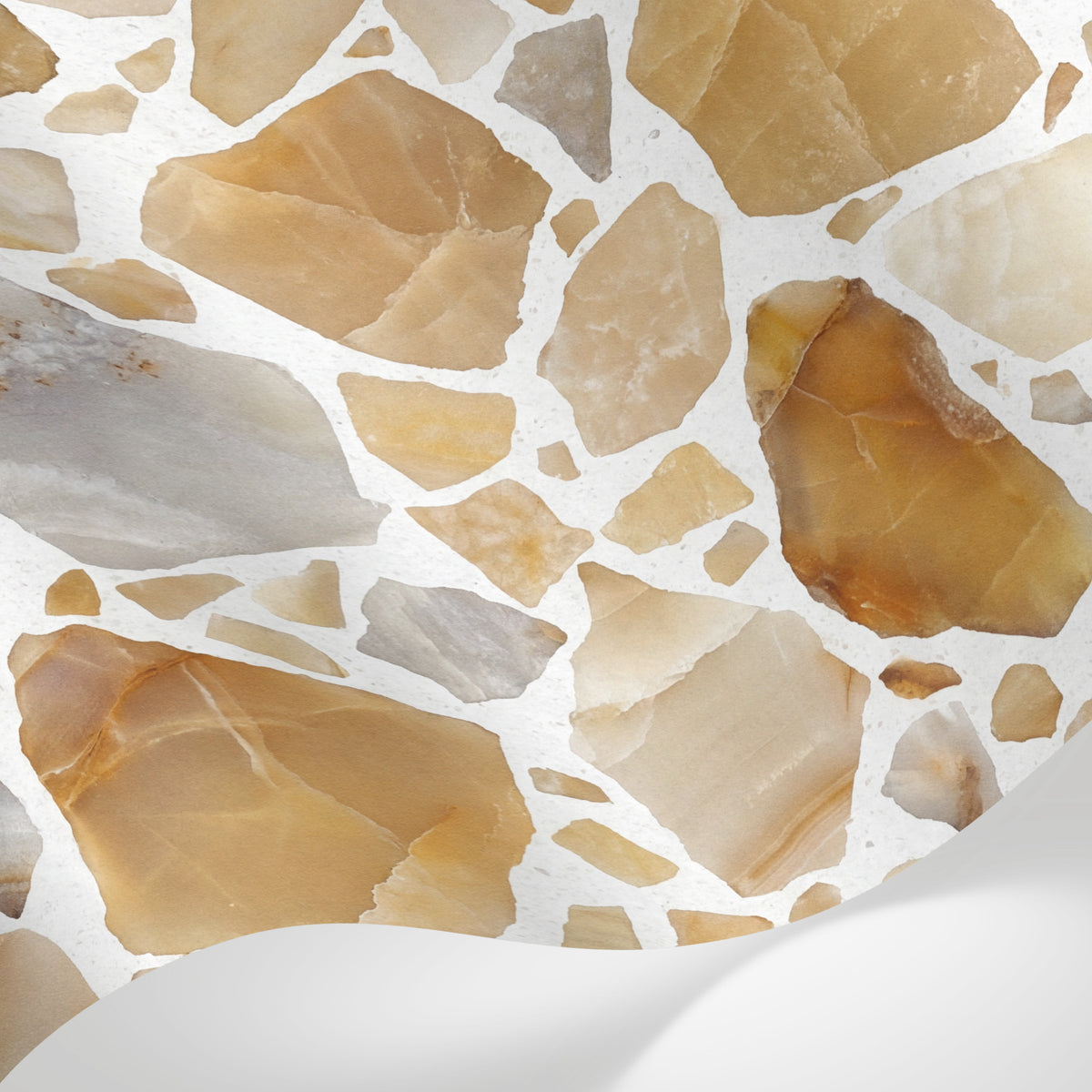 Papier peint panoramique imitation pierre - Fragments mosaïque terrazzo marbre veiné tons beige et blanc crème sur mesure - Matière
