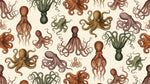 Papier peint panoramique pieuvre - Poulpes calmars tentacules répétitifs tons beige rouille et vert olive sur mesure - Design