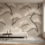 papier peint pins branches tortueuses aiguilles stylisees repetitif tons beige e-3