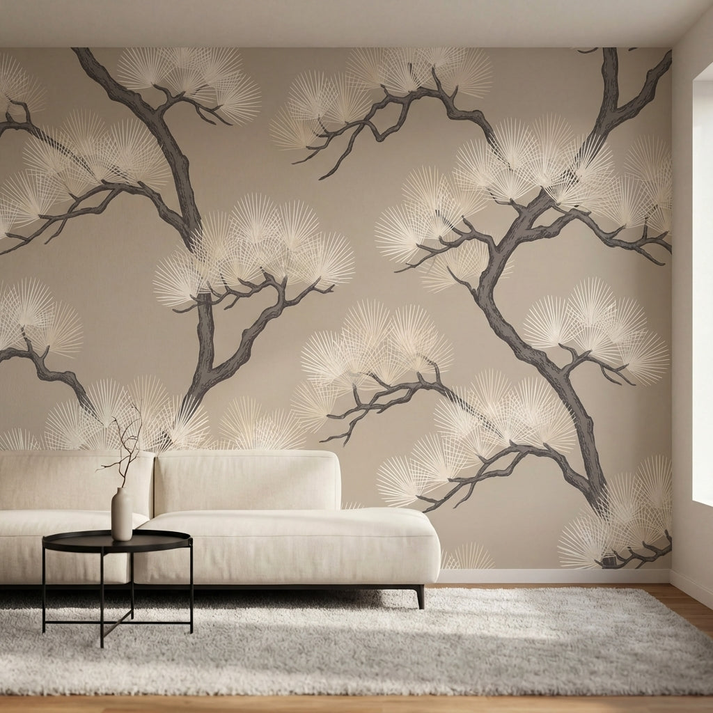 papier peint pins branches tortueuses aiguilles stylisees repetitif tons beige e-3