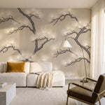papier peint pins branches tortueuses aiguilles stylisees repetitif tons beige e-8