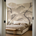 papier peint pins branches tortueuses aiguilles stylisees repetitif tons beige e-9