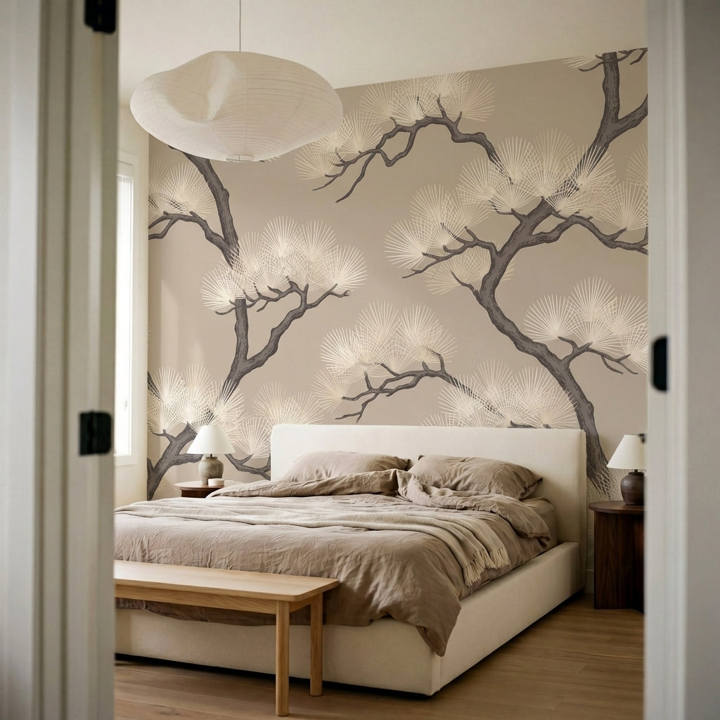 papier peint pins branches tortueuses aiguilles stylisees repetitif tons beige e-9