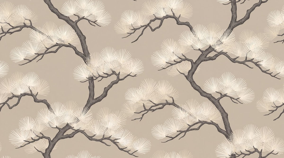 Papier peint panoramique pins - Branches tortueuses aiguilles stylisées répétitif tons beige et gris naturel sur mesure - Design