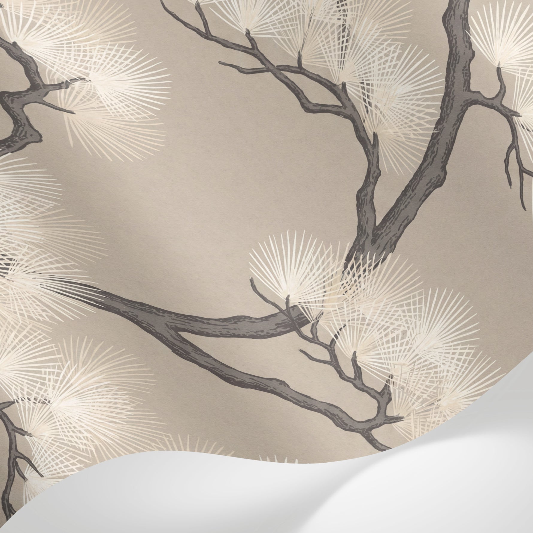 Papier peint panoramique pins - Branches tortueuses aiguilles stylisées répétitif tons beige et gris naturel sur mesure - Matière