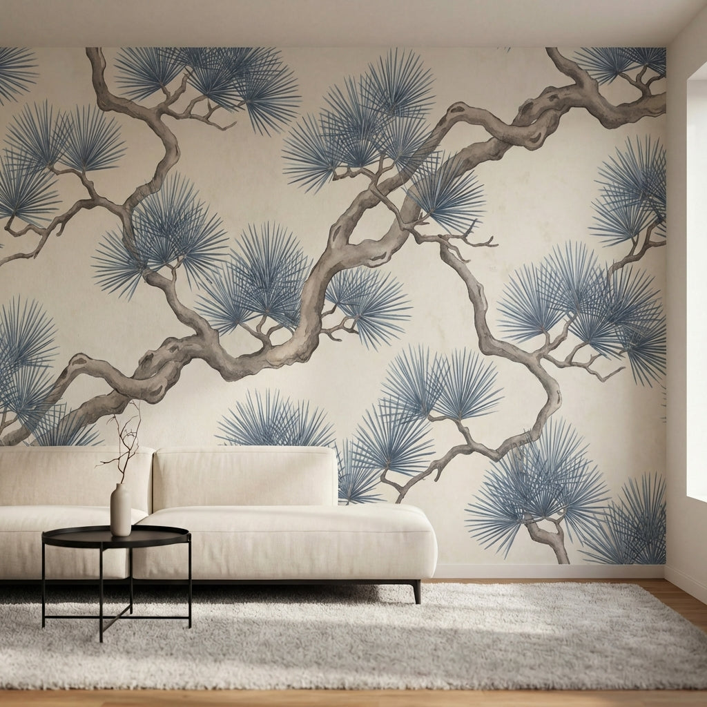 papier peint pins branches tortueuses entrelacees aiguilles eventail tons gris b-1
