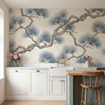 papier peint pins branches tortueuses entrelacees aiguilles eventail tons gris b-2