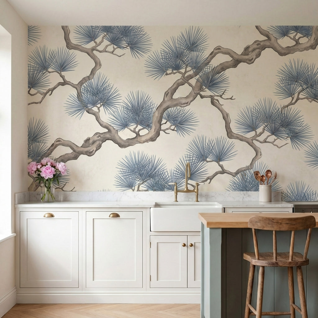 papier peint pins branches tortueuses entrelacees aiguilles eventail tons gris b-2