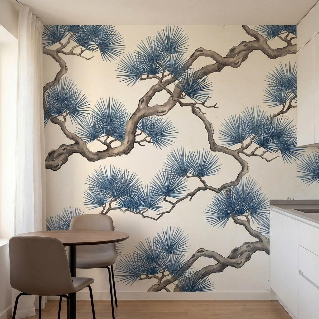 papier peint pins branches tortueuses entrelacees aiguilles eventail tons gris b-3