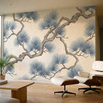 papier peint pins branches tortueuses entrelacees aiguilles eventail tons gris b-5