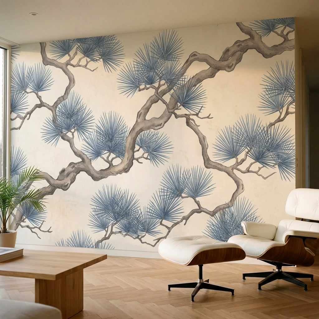 papier peint pins branches tortueuses entrelacees aiguilles eventail tons gris b-5