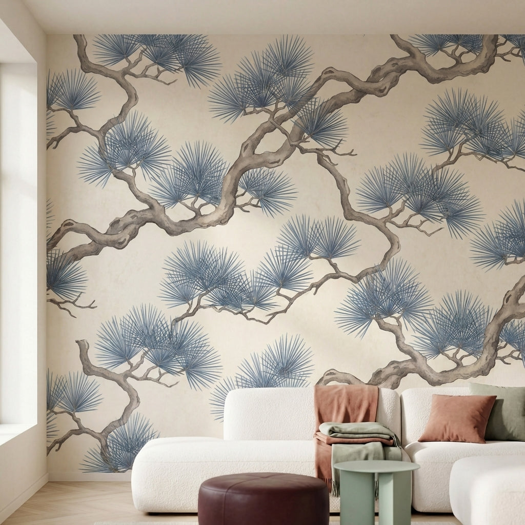 papier peint pins branches tortueuses entrelacees aiguilles eventail tons gris b-HERO-10