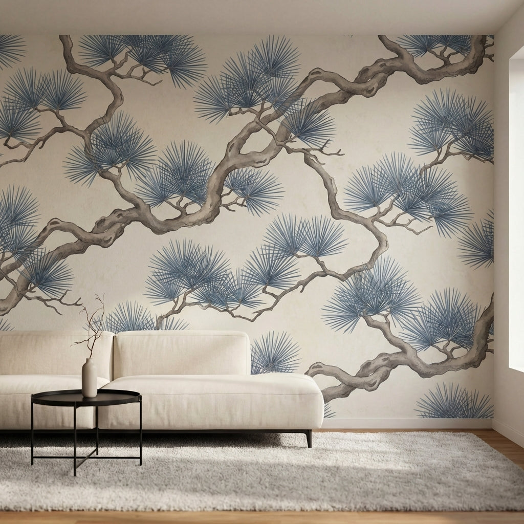 papier peint pins branches tortueuses entrelacees aiguilles eventail tons gris b-HERO-6