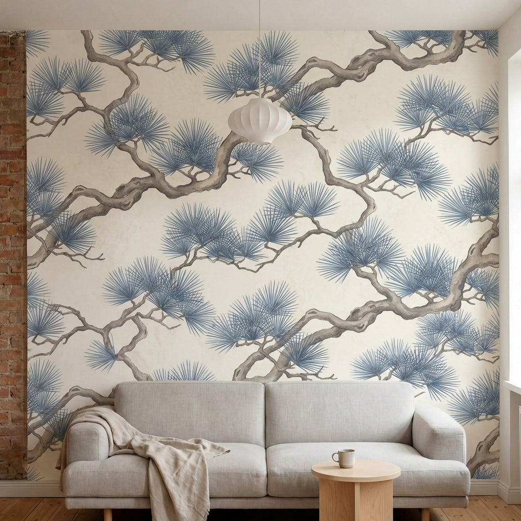 papier peint pins branches tortueuses entrelacees aiguilles eventail tons gris b-HERO-8