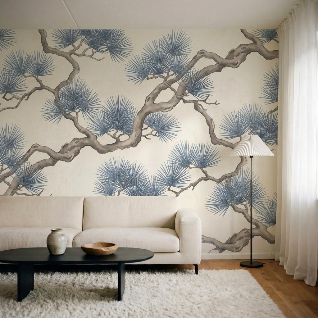 papier peint pins branches tortueuses entrelacees aiguilles eventail tons gris b-HERO-9