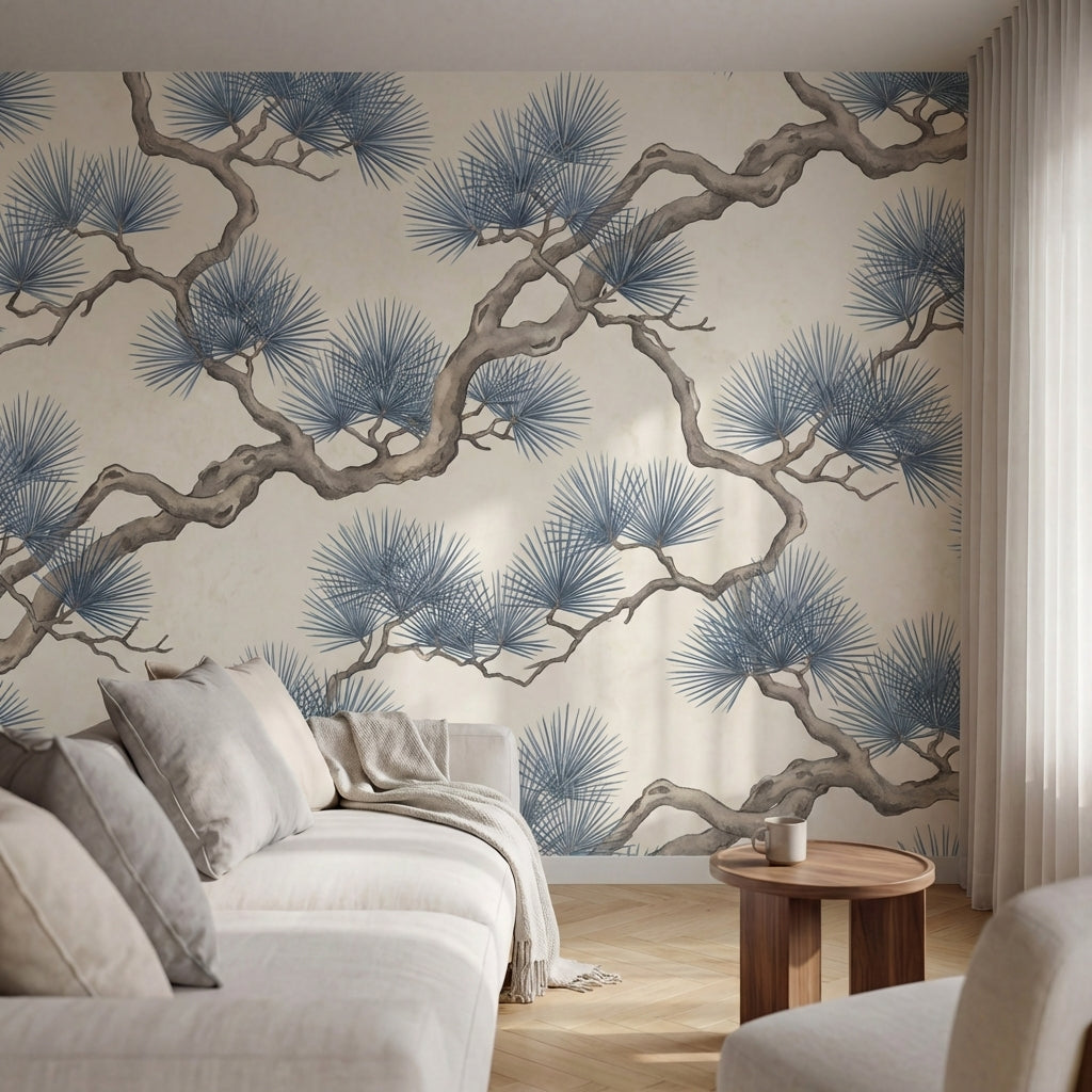 papier peint pins branches tortueuses entrelacees aiguilles eventail tons gris b-VARIANTE-9