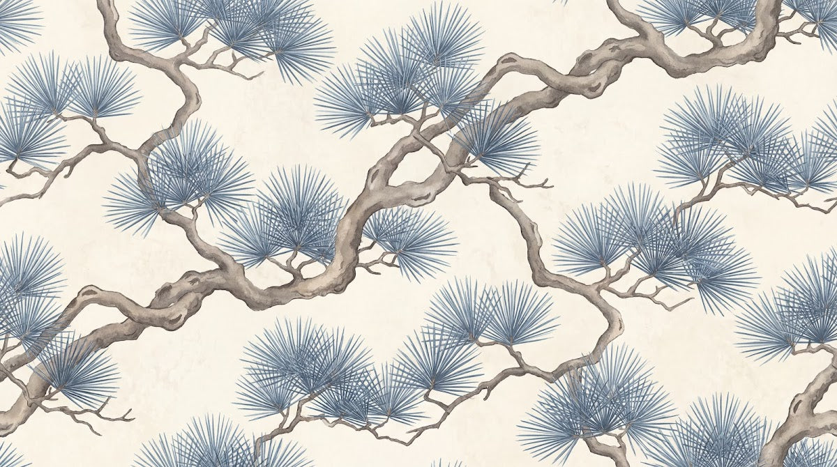 Papier peint panoramique pins - Branches tortueuses entrelacées aiguilles éventail tons gris bleu et beige sur mesure - Design