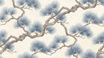 Papier peint panoramique pins - Branches tortueuses entrelacées aiguilles éventail tons gris bleu et beige sur mesure - Design