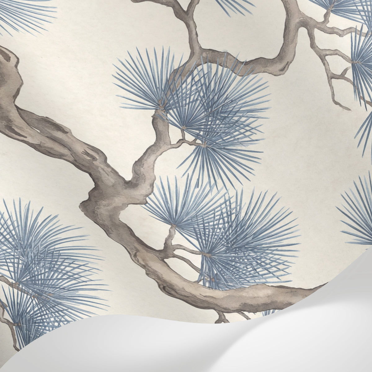 Papier peint panoramique pins - Branches tortueuses entrelacées aiguilles éventail tons gris bleu et beige sur mesure - Matière