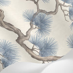 Papier peint panoramique pins - Branches tortueuses entrelacées aiguilles éventail tons gris bleu et beige sur mesure - Matière