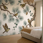 papier peint pins oiseaux branchages coniferes pommes tons beige creme et vert s-HERO-20