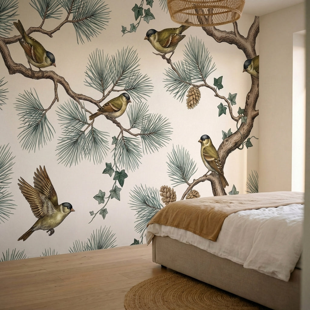 papier peint pins oiseaux branchages coniferes pommes tons beige creme et vert s-HERO-20