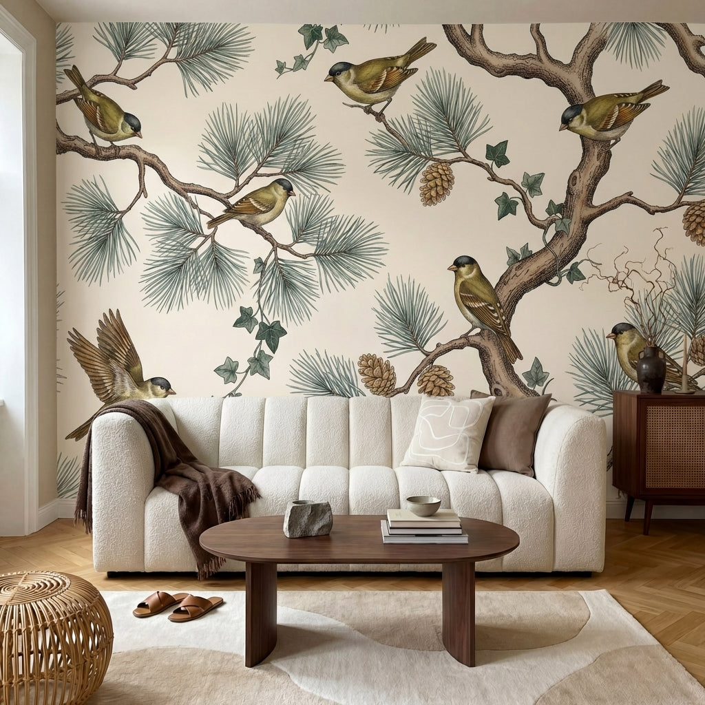 papier peint pins oiseaux branchages coniferes pommes tons beige creme et vert s-VARIANTE-11