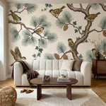 papier peint pins oiseaux branchages coniferes pommes tons beige creme et vert s-VARIANTE-11