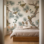 papier peint pins oiseaux branchages coniferes pommes tons beige creme et vert s-VARIANTE-13