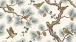 Papier peint panoramique pins - Oiseaux branchages conifères pommes tons beige crème et vert sauge sur mesure - Design