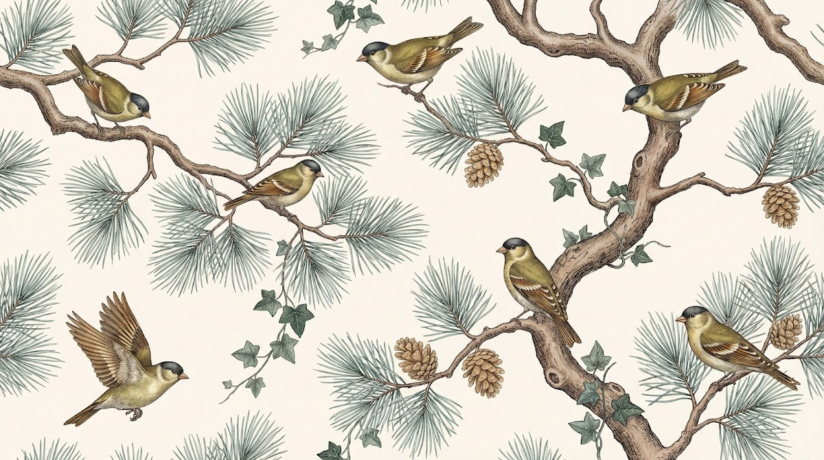 Papier peint panoramique pins - Oiseaux branchages conifères pommes tons beige crème et vert sauge sur mesure - Design
