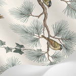 Papier peint panoramique pins - Oiseaux branchages conifères pommes tons beige crème et vert sauge sur mesure - Matière