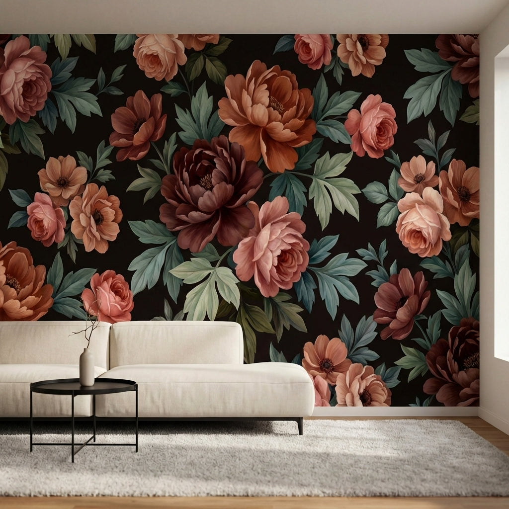 papier peint pivoine rose fleurs romantiques feuillage vert sauge fond noir char-1