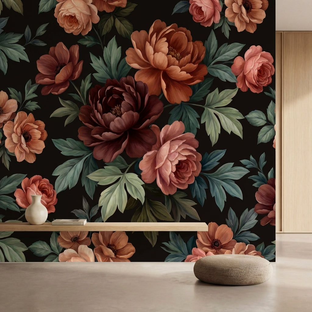 papier peint pivoine rose fleurs romantiques feuillage vert sauge fond noir char-HERO-10