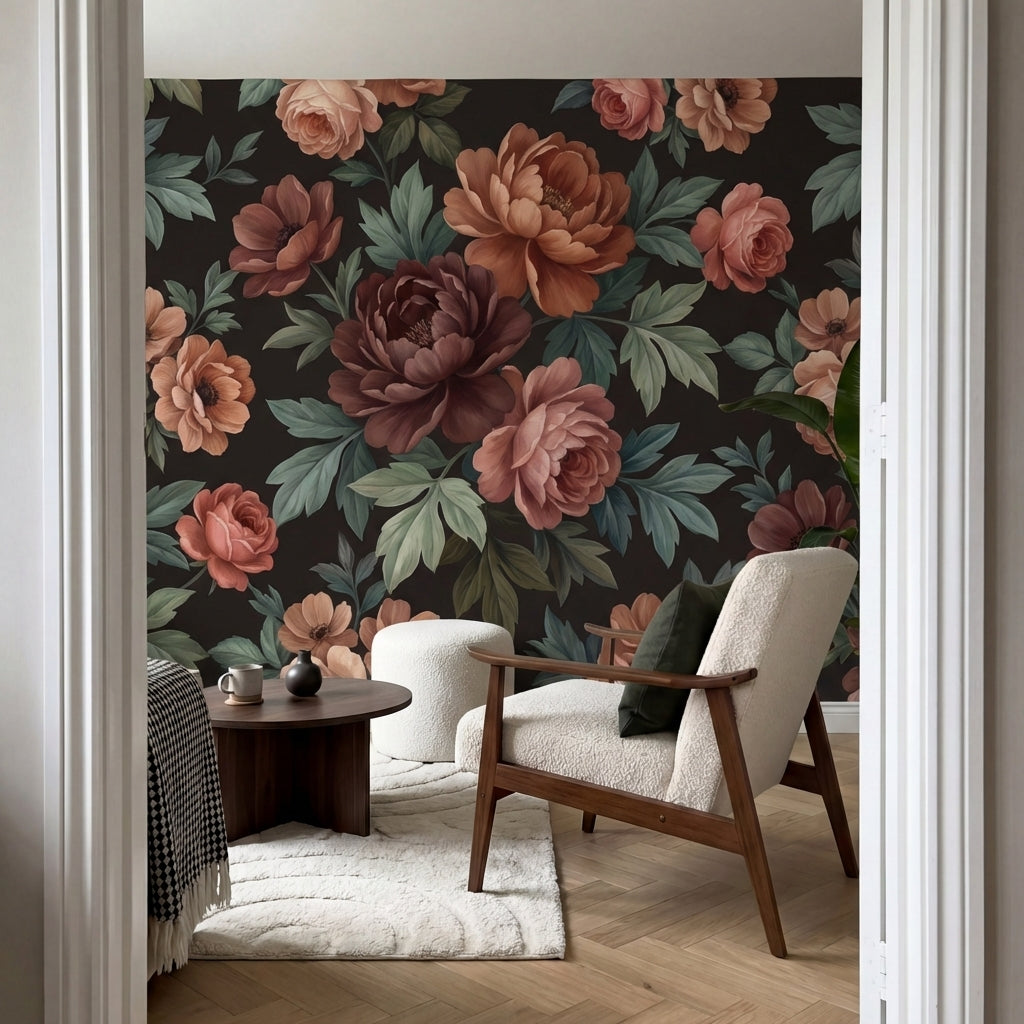 papier peint pivoine rose fleurs romantiques feuillage vert sauge fond noir char-VARIANTE-8