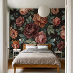 papier peint pivoine rose fleurs romantiques feuillage vert sauge fond noir char-VARIANTE-9