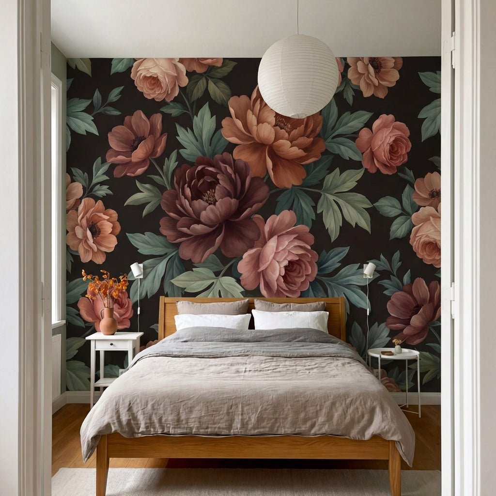 papier peint pivoine rose fleurs romantiques feuillage vert sauge fond noir char-VARIANTE-9