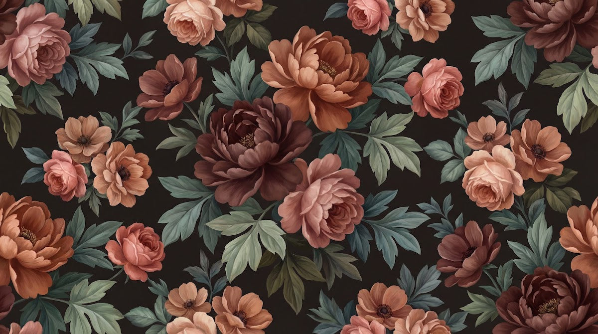 Papier peint panoramique pivoine rose - Fleurs romantiques feuillage vert sauge fond noir charbon et brun chocolat sur mesure - Design