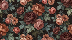 Papier peint panoramique pivoine rose - Fleurs romantiques feuillage vert sauge fond noir charbon et brun chocolat sur mesure - Design